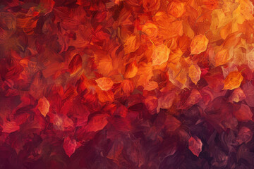 A vibrant and artistic display of autumn leaves in various shades of red and orange, creating a stunning background.