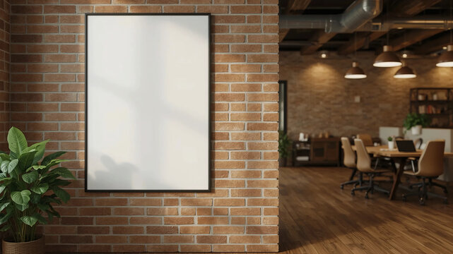Mockup of vertical empty poster in office interior
