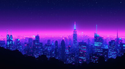 Obraz premium Colorful vibrant city skyline at night under starry sky illustration