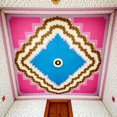 Ornate Geometric Ceiling Design with Pink and Blue