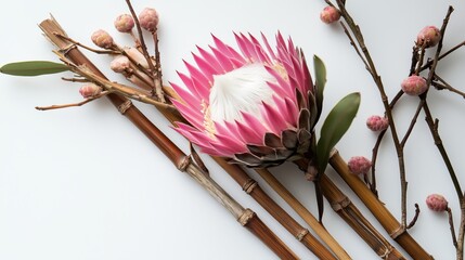 Vibrant Pink King Protea Flower Surrounded by Bamboo Stalks and Delicate Dried Berries Artfully Arranged in a Natural and Elegant Display
