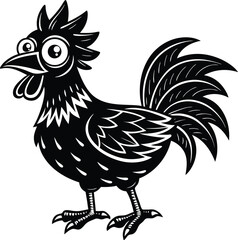 Hilarious Cartoon Chicken with Startled Expression – Black and White Vector Illustration