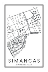 Hand drawn printable downtown road map poster of borough SIMANCAS of the Spanish city of MADRID on solid white background with city name