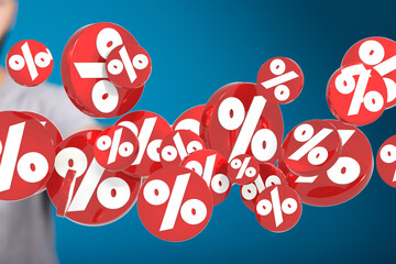 3D rendered image of red percentage symbols floating, ideal for sale, discount, and promotion...