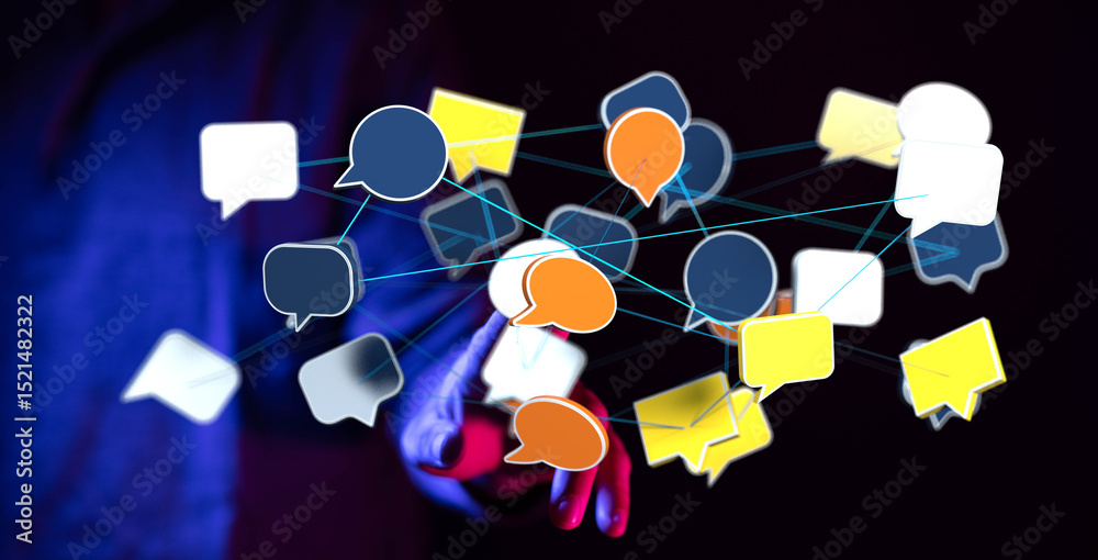 Poster abstract image of interconnected speech bubbles, symbolizing global communication and networking.