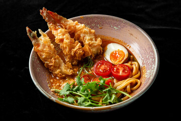 A bowl of ramen with tempura shrimp, soft-boiled egg, cherry tomatoes, cilantro, and noodles in a rich broth. The vibrant colors and textures make it visually appealing and appetizing