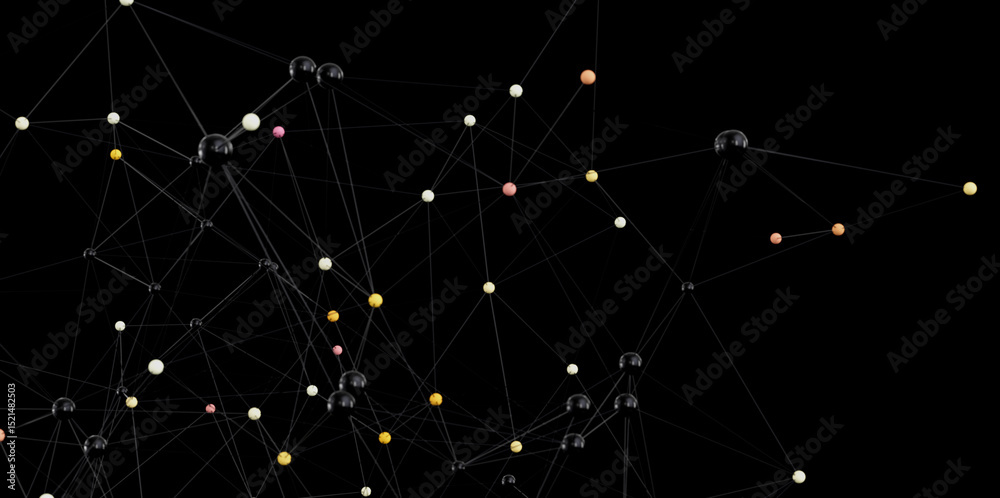 Poster 3D render of network connection, abstract background with glowing dots and lines.