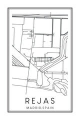 Hand drawn printable downtown road map poster of borough REJAS of the Spanish city of MADRID on solid white background with city name
