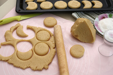 Making cookies using molds. Homemade baked goods.