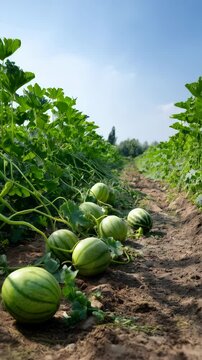 Watermelon patch growing in field with green vines and leaves, several fruits ripening on the ground, row of crops under a blue sky