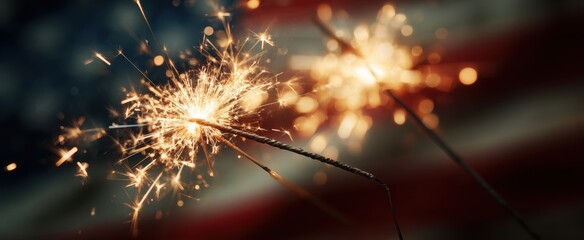 Fototapeta premium The Sparkler Glowing Brightly Against the American Flag Background