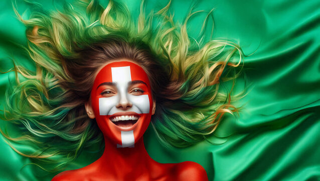 Schweiz-Fan, eine junge Frau hat ihr Gesicht in den Farben der schweizerischen Nationalflagge bemalt, Fu&szlig;ballfan zur Europameisterschaft der Frauen 