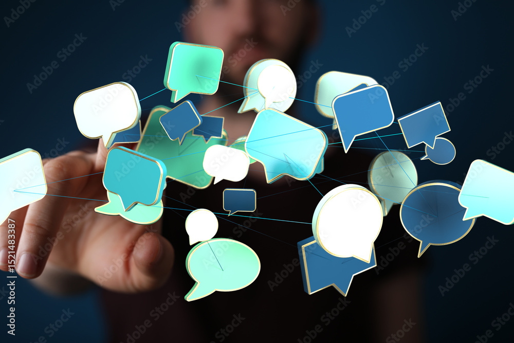 Poster Abstract image of interconnected speech bubbles, representing global communication and networking.