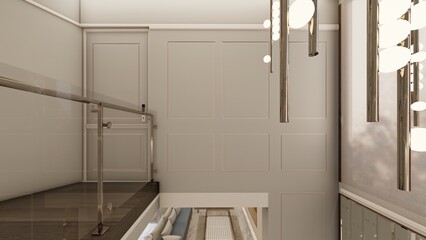 Double height landing with modern pendant lights and panel detailing