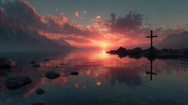Serene sunset over calm waters with a cross on the shore near mountains - Powered by Adobe