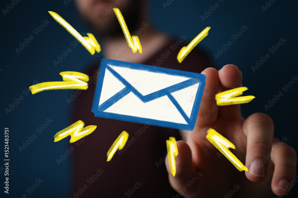 Poster Close-up of a hand interacting with a digital email icon, symbolizing communication and new messages.