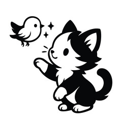 Cute black and white cat playing with bird vector illustration