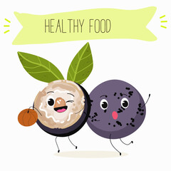 jaboticaba fruit cute funny cheerful characters. Vector hand drawn  illistration.