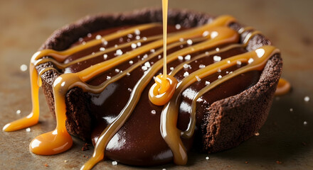 Decadent Chocolate Tart Garnished With Caramel Sauce And Salt Crystals