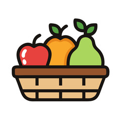 Cartoon illustration of a basket with an apple pear and mango