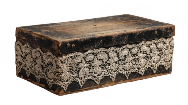 Weathered wooden box, adorned with a delicate strip of lace, is presented on a transparent background, showcasing the intricate details of both the wood and the lacework