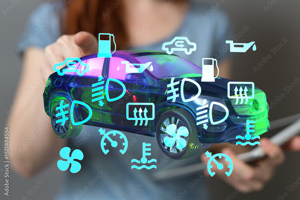 Poster Stock photo of a digital car dashboard displaying various warning lights and indicators.