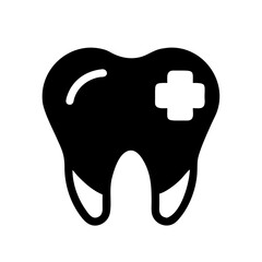 Black tooth icon with white cross bandage for dental care