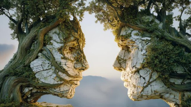 Two large, intertwined trees sculpted into human faces facing each other, symbolizing nature and connection