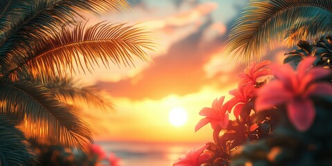 Vibrant sunset over tropical flowers and palm trees at a coastal location