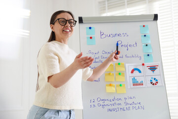 Fototapeta premium Woman giving public speech near whiteboard indoors, low angle view