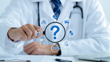 Medical advice, health care confusion and FAQ (Frequently asked question) concept. Doctor with...