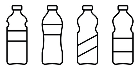 Bottle beverage container outline collection isolated minimal shape design packaging plastic water drink fluid icon vector illustration set.