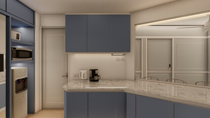 Modern blue modular kitchen with profile lighting and granite Countertop
