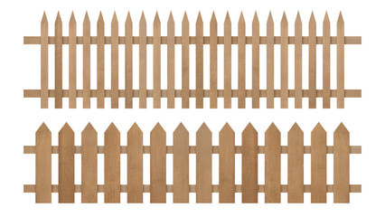 Brown wooden fence or picket fence isolated on white background. Object with clipping path