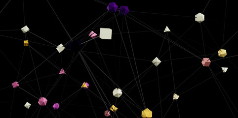 Colorful 3D geometric shapes connected by lines, representing network, technology, or data.