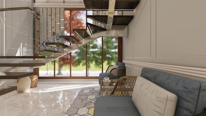 Modern Double Height staircase lounge with floating wooden stairs Glass Railings and cozy seating area