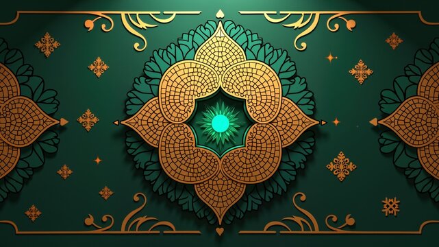 Muharram Minimalism Golden Lantern Mosaic with Emerald Focal Point - Cultural Heritage Meets Contemporary Design for Global Festive Branding
