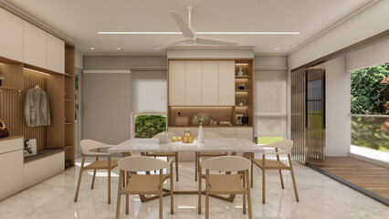 Modern Minimalist Dining Room Interior with Neutral Tones and Natural Light