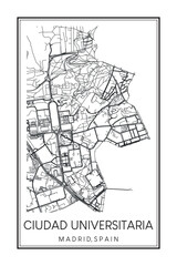 Hand drawn printable downtown road map poster of borough CIUDAD UNIVERSITARIA of the Spanish city of MADRID on solid white background with city name