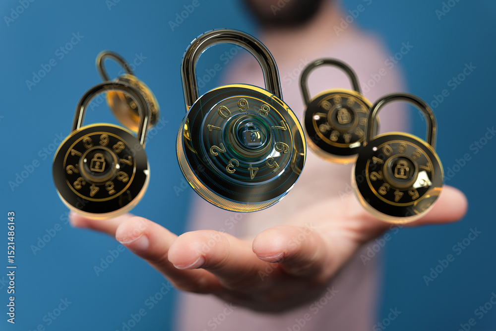 Aufkleber Image of digital combination locks floating above a hand, symbolizing data security and protection.