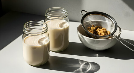 Homemade Vegan Milk Served In Glass Jars And Filtered In A Bowl
