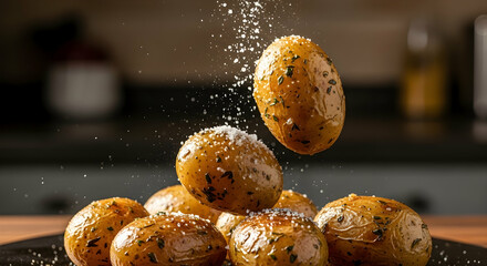 Golden Potatoes Falling On Top Of The Others With A Touch Of Salt
