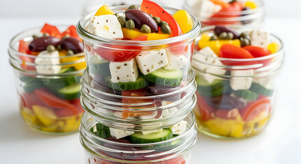 Colorful Greek Salad Presented in Jars for Healthy Eating Concepts