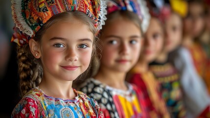 Fototapeta premium Charming Young Girl in Traditional Costume with Colorful Background