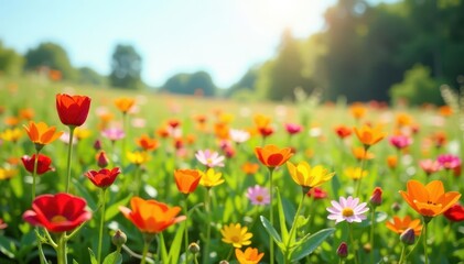 Fototapeta premium Field of vibrant wildflowers swaying in gentle breeze, botanical garden, colorful blooms, nature background