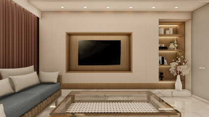 Modern Scandinavian Living Room with Wooden Accents and Neutral Decor