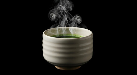 Steaming Matcha Bowl Creates a Serene Still Life Against Black Backdrop