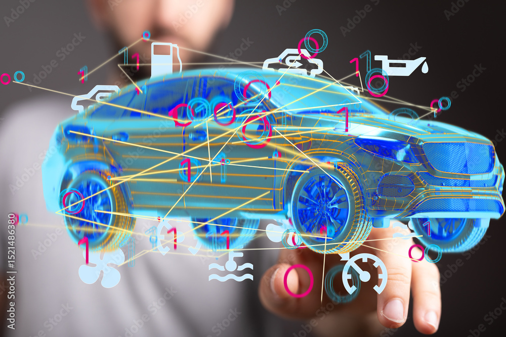 Poster interactive 3d car model showing diagnostics, data, and network connections.