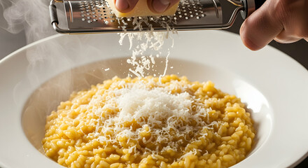 Delicious Golden Risotto Garnished With Grated Cheese In Restaurant