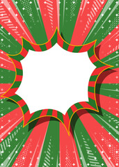 サンバーストとトゲトゲのフレーム背景、集中線とキラキラのデコレーション、コミック風のふきだし、クリスマスカラー、縦向き